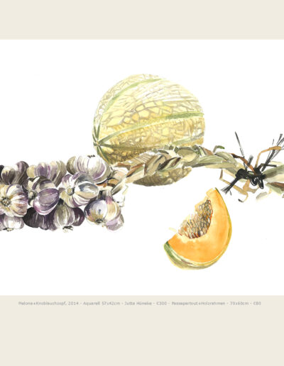 Aquarell Melone und Knoblauchzopf, Stillleben, Illustration Watercolour Melon and garlic plait, Still life, Illustration